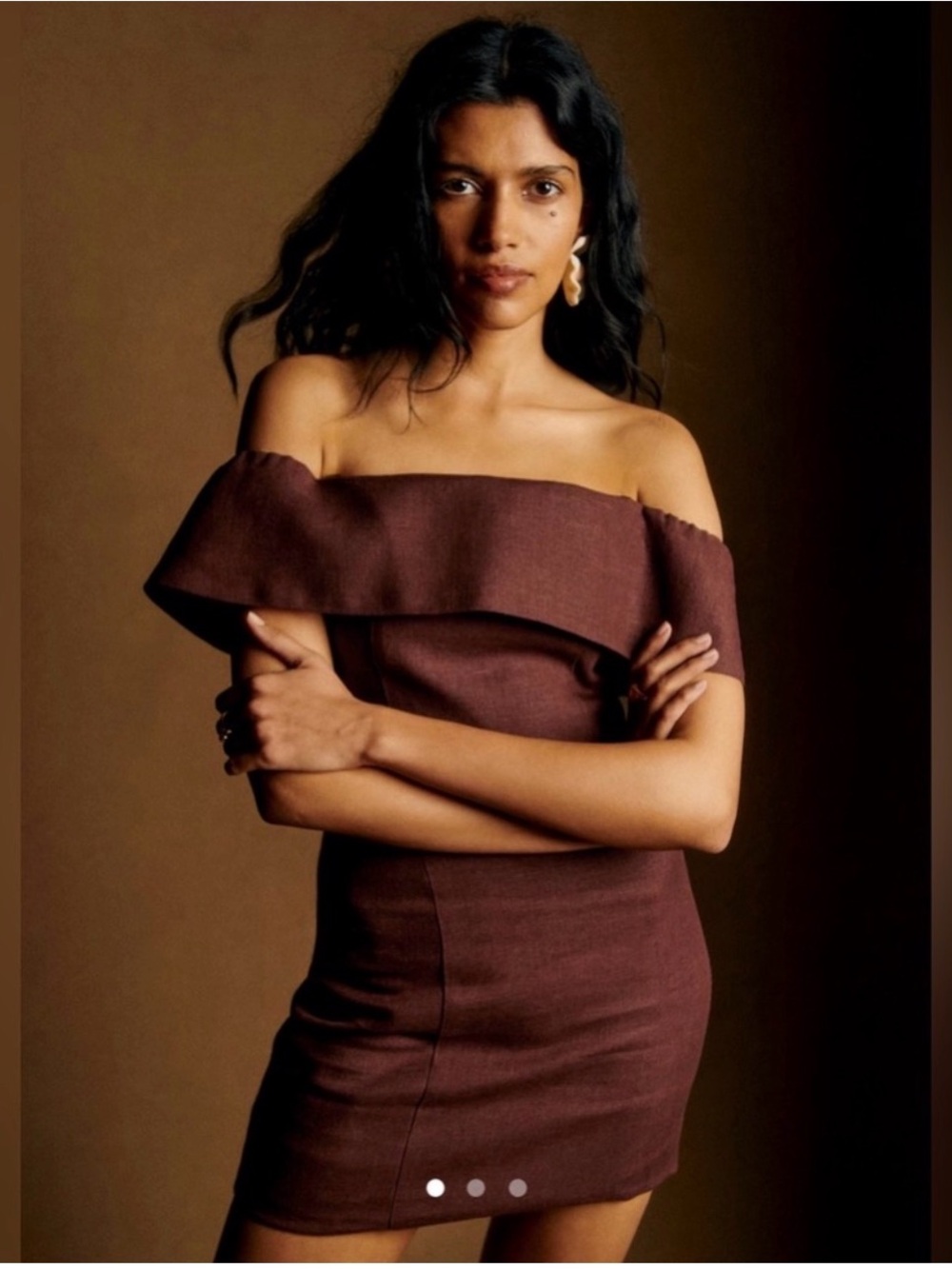 Sezane Camille Off-Shoulder Chocolate Brown Mini Dress